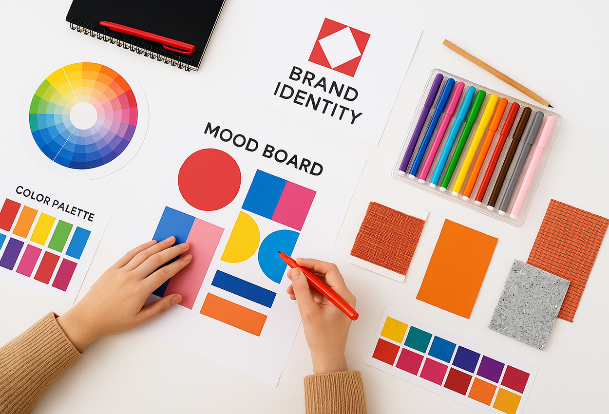 Designerhände arbeiten an einem Moodboard mit Farbkreis, Farbfächern und geometrischen Formen auf einem hellen Schreibtisch. Bunte Marker, Stoffmuster und Notizblock zeigen den kreativen Prozess beim Entwickeln einer Markenidentität im modernen Studio-Look.