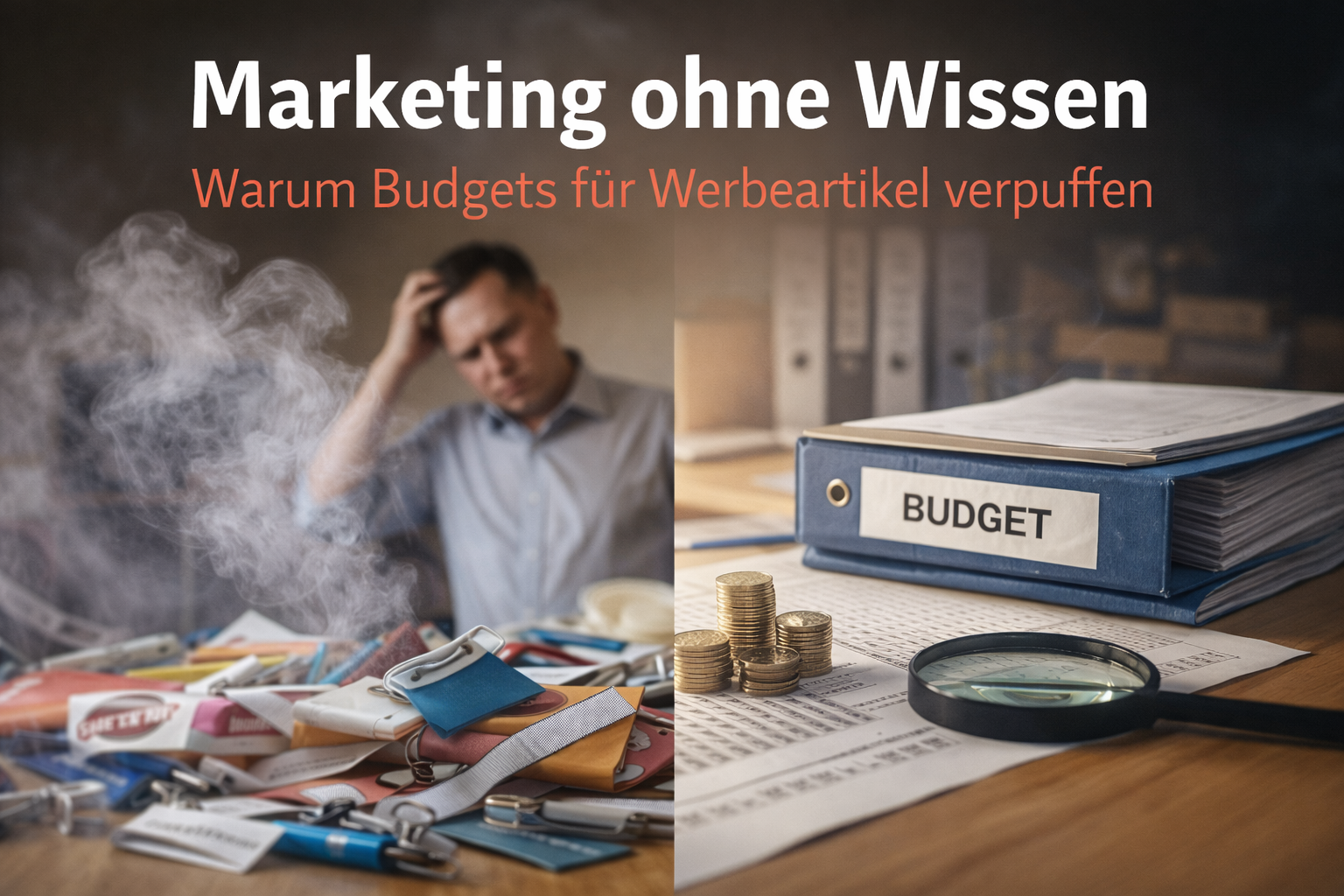 Marketing ohne Strategie: Überfüllter Schreibtisch mit ungenutzten Werbeartikeln und gegenüber ein Budget-Ordner als Symbol für ineffizient eingesetzte Mittel.
