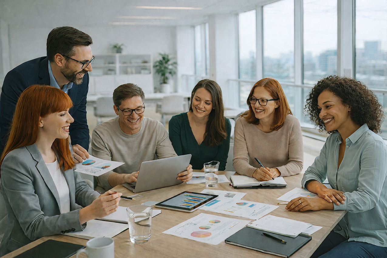 Team von sechs Fachkräften in einem modernen Büro bespricht gemeinsam Auswertungen und Diagramme an einem Konferenztisch in heller, professioneller Arbeitsumgebung