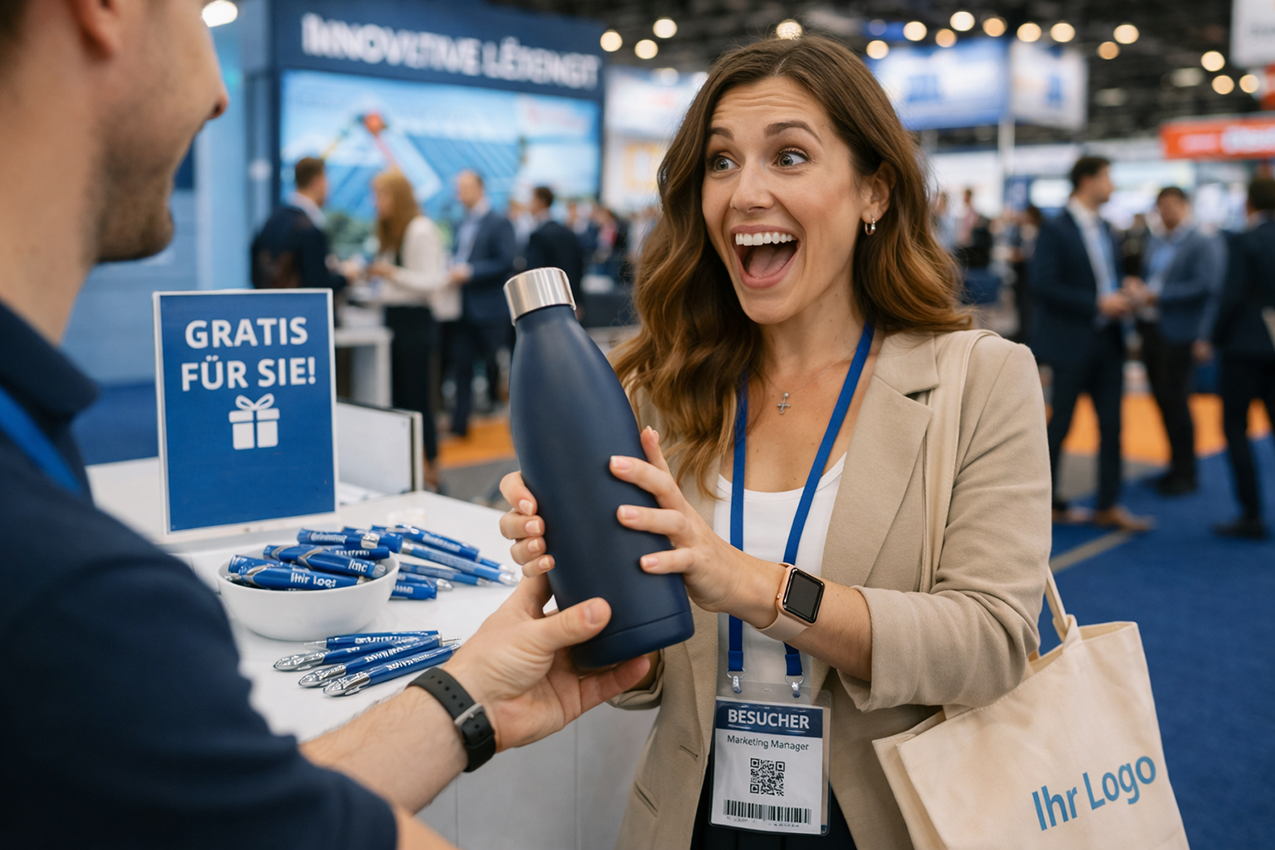 Besucherin freut sich auf einer Messe über eine hochwertige Trinkflasche als Werbeartikel und nimmt sie begeistert entgegen.