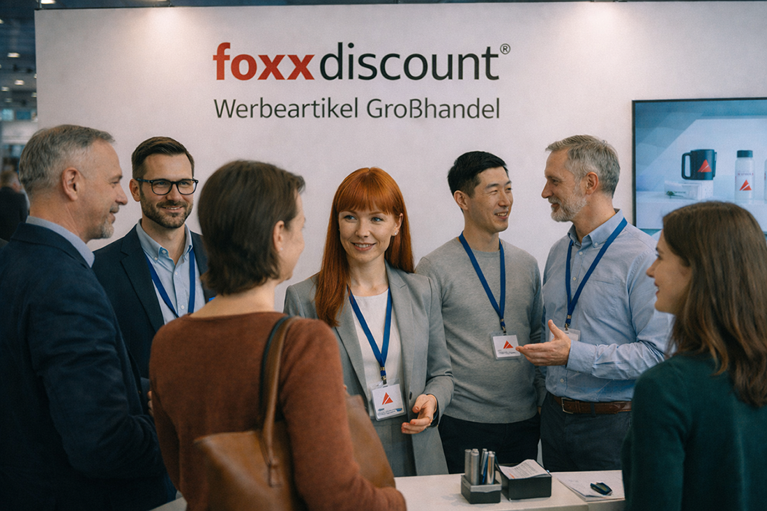 Messestand von foxxdiscount®: Team im Gespräch mit Besuchern und Präsentation ausgewählter Werbeartikel als praxisnahe Lösungen für 2026.