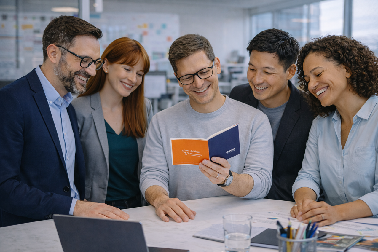 Team von Fachkräften im modernen Büro, das gemeinsam eine Soundgrußkarte betrachtet und deren Audioinhalt mit Interesse und positiver Reaktion wahrnimmt