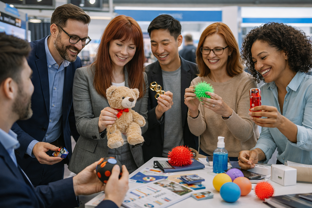 Team auf einer Messe interagiert lächelnd mit haptischen Werbeartikeln wie Plüschtier, Stressbällen und Fidget-Elementen und testet spielerisch deren Wirkung.