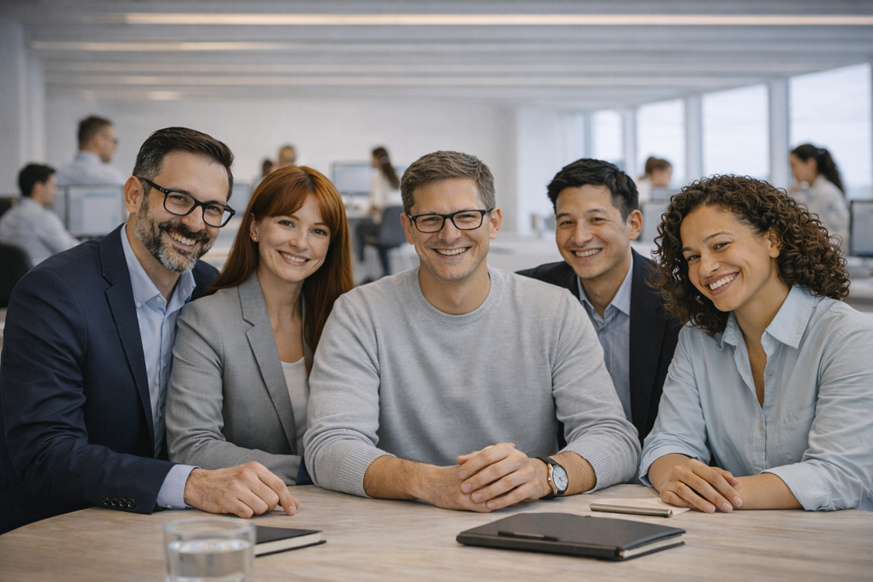 Professionelles Team sitzt gemeinsam am Tisch und blickt vertrauensvoll in die Kamera, während im Hintergrund Mitarbeitende an Computern arbeiten.