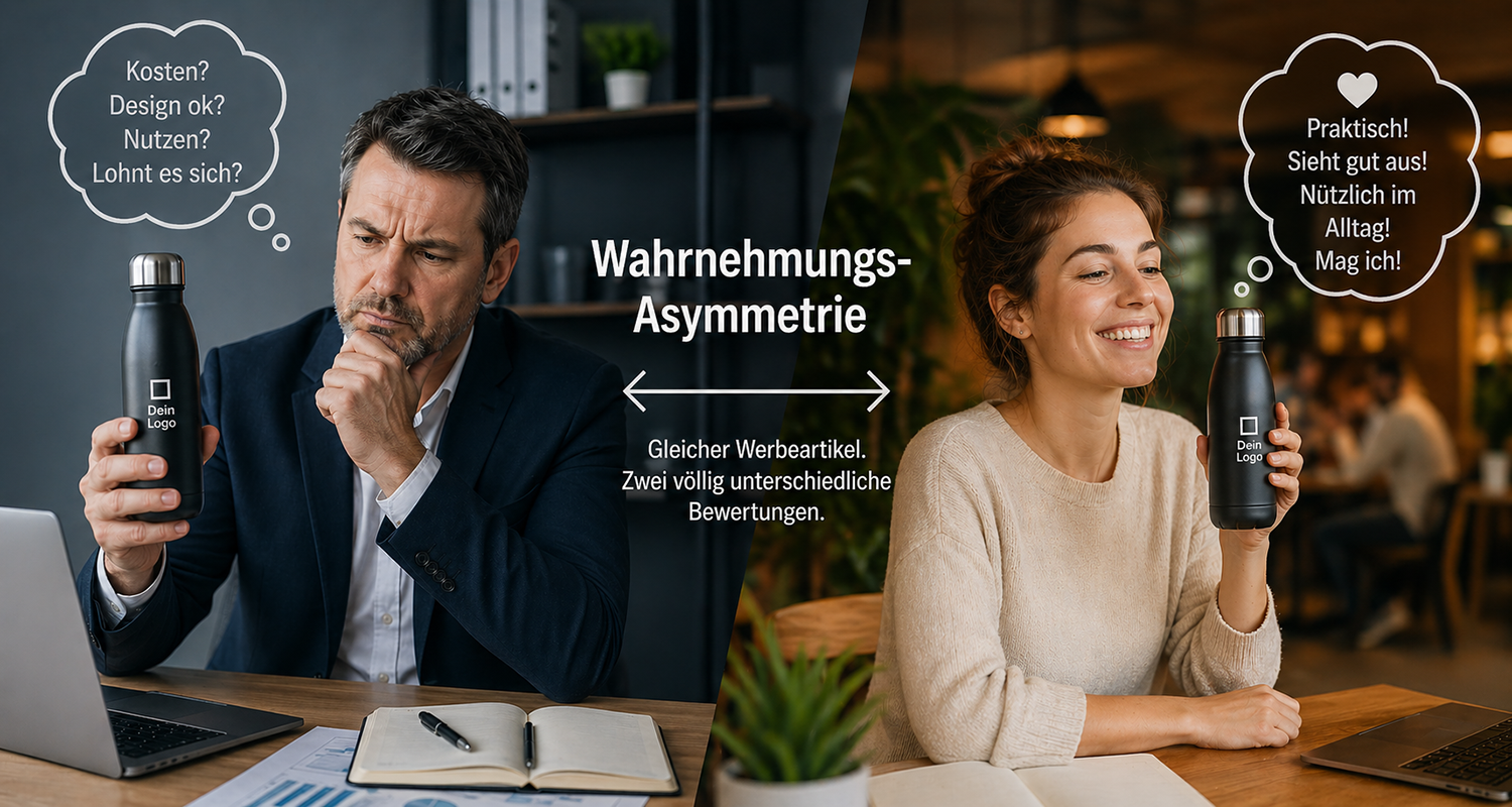 Split-Screen-Darstellung eines identischen Werbeartikels: Links betrachtet ein Geschäftsführer in einem kühlen Büro kritisch eine schwarze Trinkflasche, rechts nutzt eine Frau dieselbe Flasche in warmer Alltagsumgebung zufrieden und lächelnd – visuelle Darstellung der Wahrnehmungs-Asymmetrie.