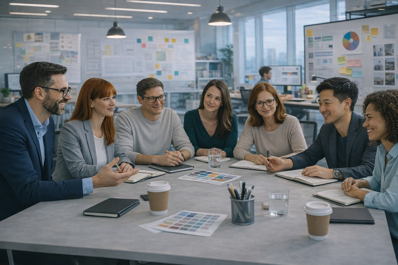 Modernes Design-Team in einer hellen Agentur bespricht konzentriert Werbeartikel-Veredelung, Druckdaten und Branding anhand von Farbmustern und Layouts am Konferenztisch