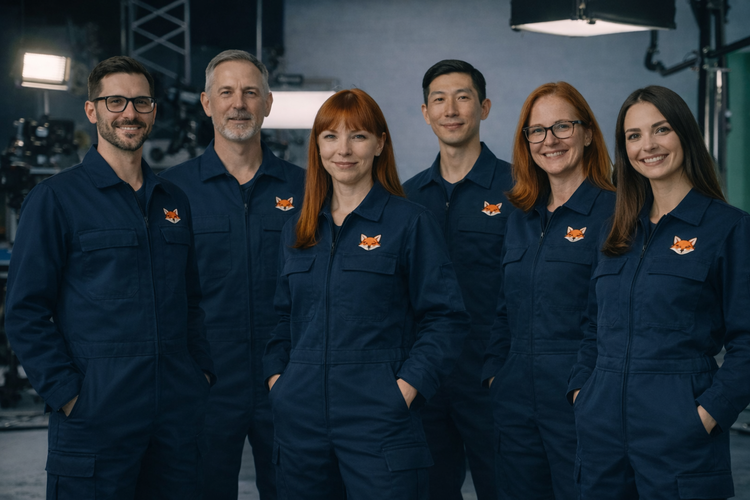 Professionelles Team aus sechs Personen in einem modernen Filmstudio, gekleidet in einheitliche dunkelblaue Overalls mit dezentem, rundem Logo auf der Brusttasche, umgeben von Kamera- und Lichttechnik; freundliche, selbstbewusste Ausstrahlung in hochwertiger, klar ausgeleuchteter Aufnahme.