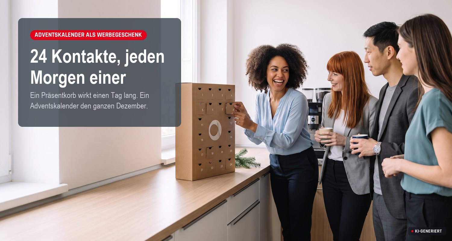 Vier Kolleginnen und Kollegen stehen in einer Büroküche um einen Adventskalender, eine von ihnen öffnet ein Türchen.