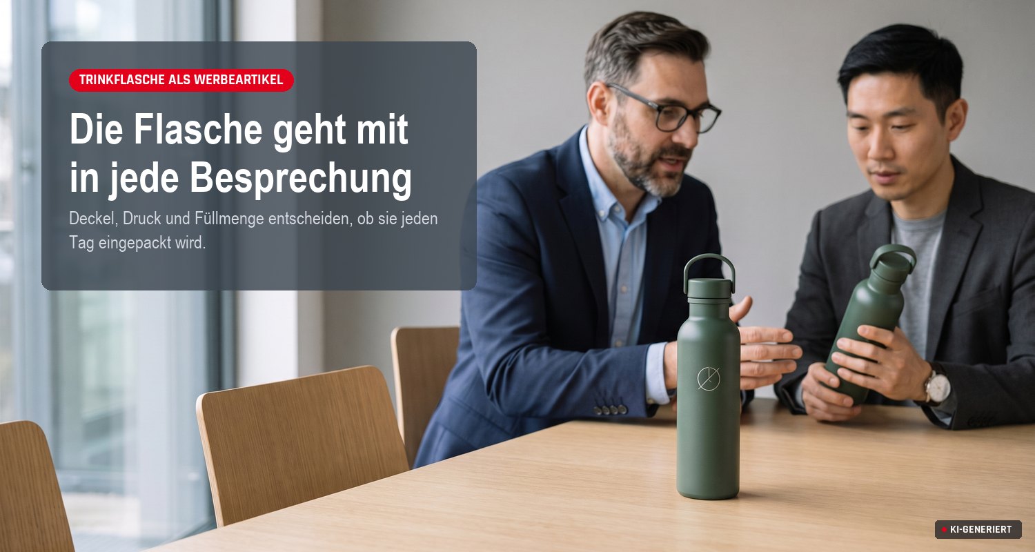 Zwei Kollegen prüfen gravierte Trinkflaschen am Besprechungstisch, Bildtitel: Die Flasche geht mit in jede Besprechung.