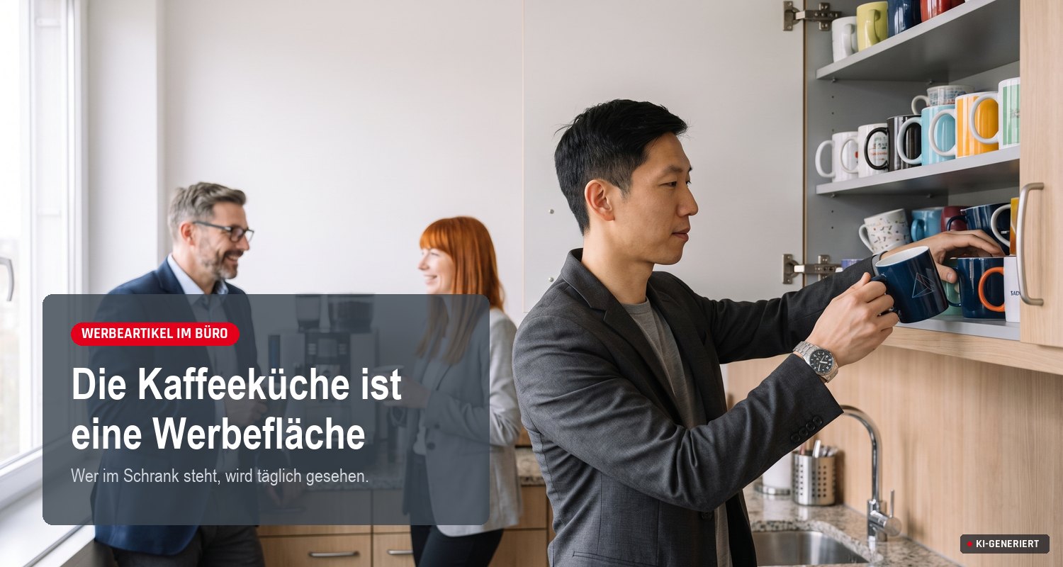 Mitarbeiter greift in einer Büroküche zur Werbetasse, im offenen Schrank stehen Tassen mit verschiedenen Logos.