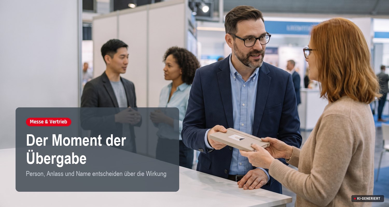 Am Messestand reicht ein Berater einer Besucherin ein bedrucktes Notizbuch über den Tresen, zwei Kollegen im Hintergrund.