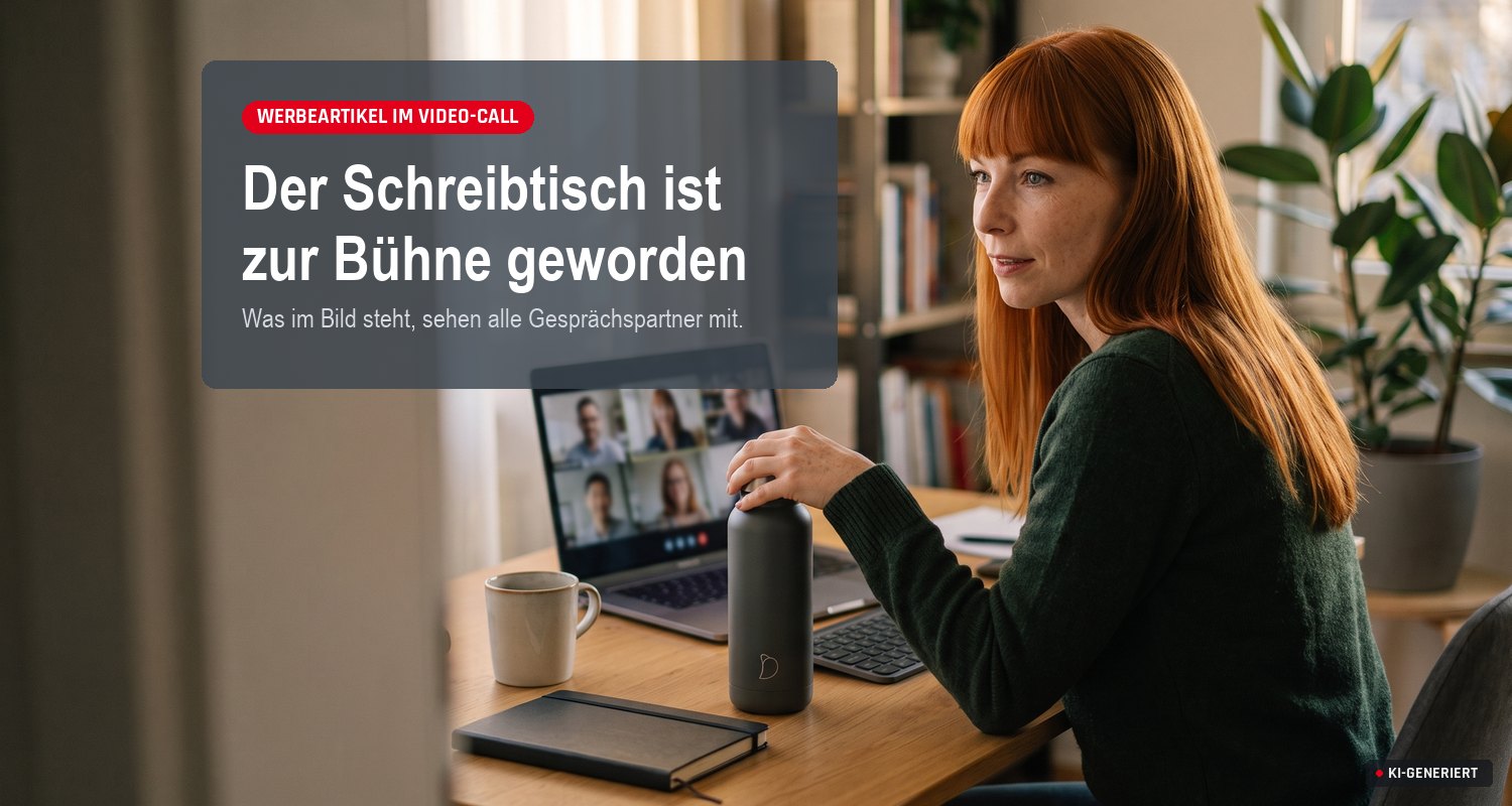 Frau im Homeoffice sitzt im Video-Call, auf dem Schreibtisch stehen Trinkflasche, Tasse und Notizbuch im Kamerabild.