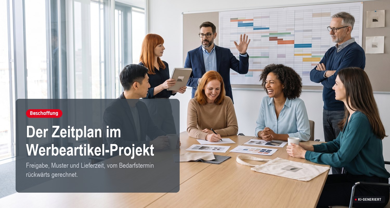 Sieben Kolleginnen und Kollegen stehen um einen Besprechungstisch und gehen einen Wandplaner mit Produktmustern durch.